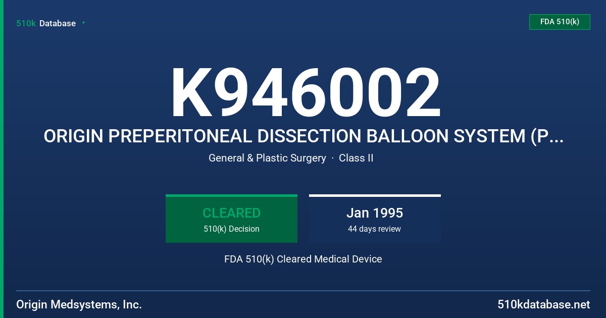 K946002 ORIGIN PREPERITONEAL DISSECTION BALLOON SYSTEM (PDBS)--EXTRA FDA 510(k) Cleared Medical Device