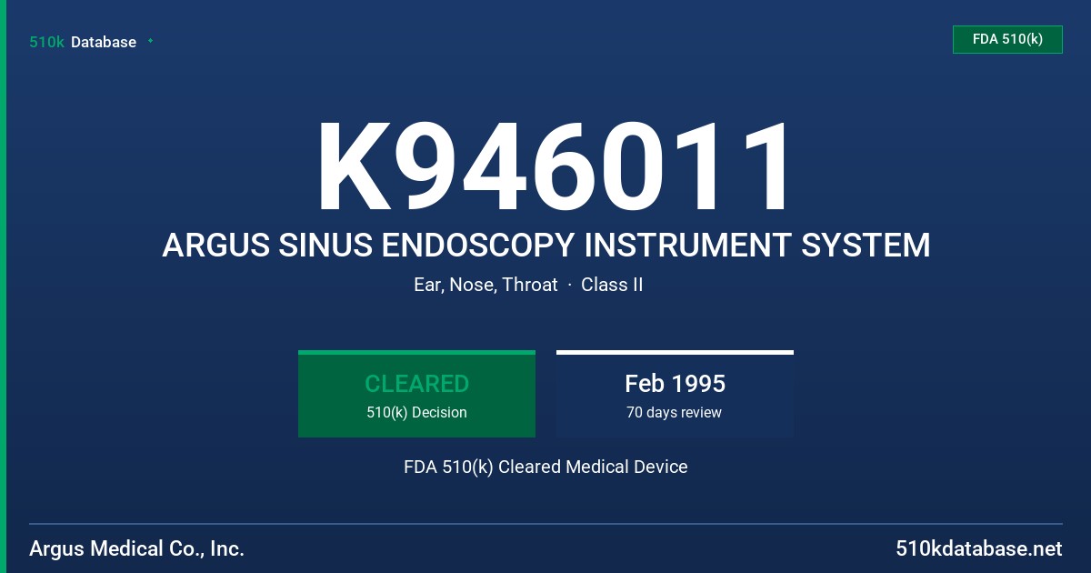 K946011 ARGUS SINUS ENDOSCOPY INSTRUMENT SYSTEM FDA 510(k) Cleared Medical Device