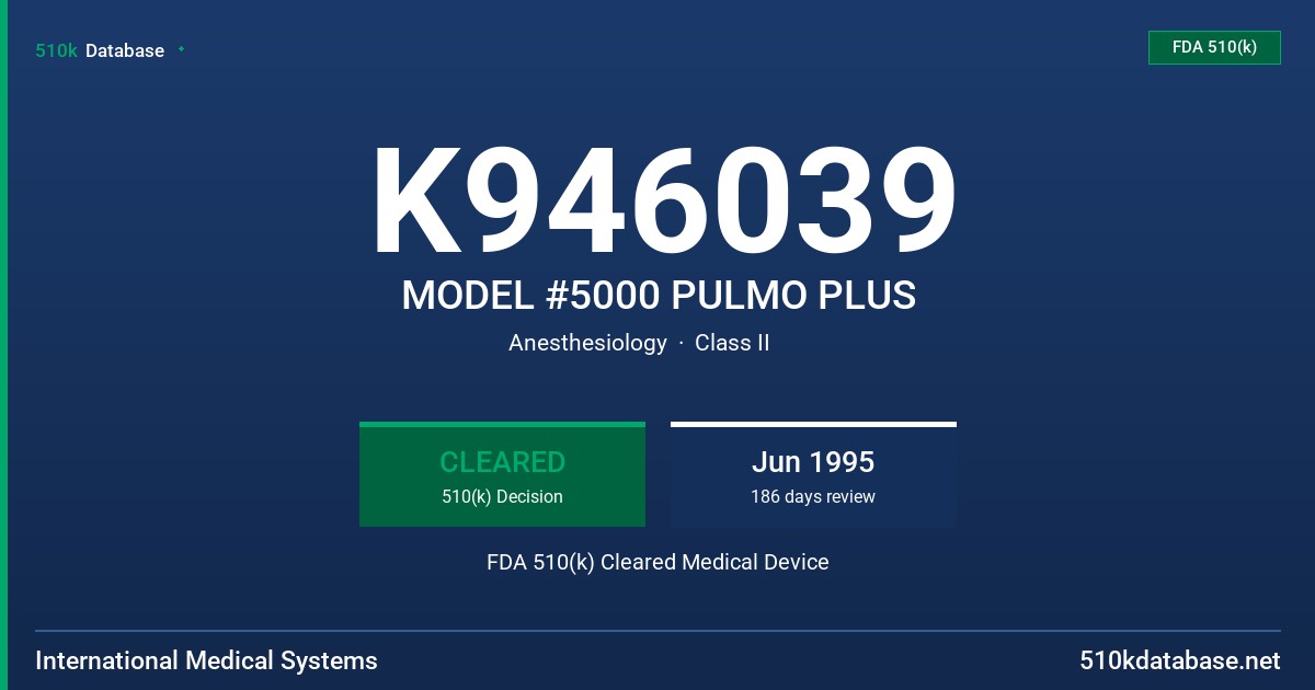 K946039 MODEL #5000 PULMO PLUS FDA 510(k) Cleared Medical Device