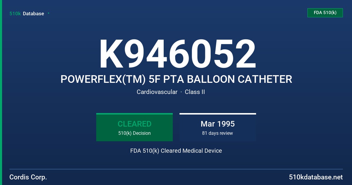 K946052 POWERFLEX(TM) 5F PTA BALLOON CATHETER FDA 510(k) Cleared Medical Device