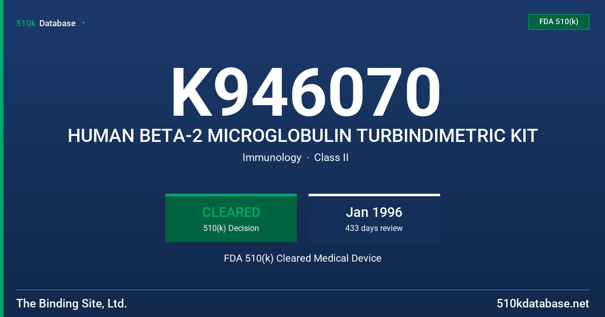 K946070 HUMAN BETA-2 MICROGLOBULIN TURBINDIMETRIC KIT FDA 510(k) Cleared Medical Device