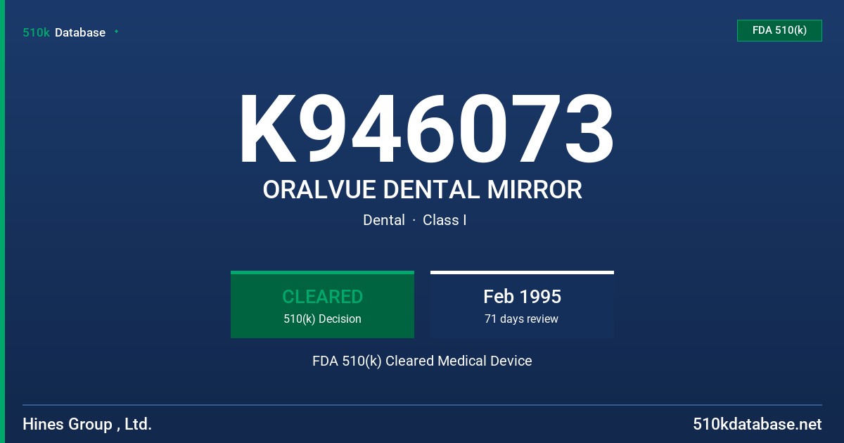 K946073 ORALVUE DENTAL MIRROR FDA 510(k) Cleared Medical Device