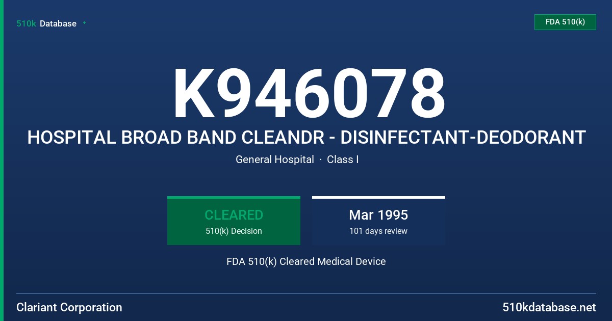 K946078 HOSPITAL BROAD BAND CLEANDR - DISINFECTANT-DEODORANT FDA 510(k) Cleared Medical Device
