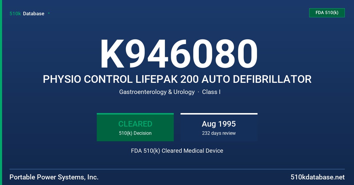 K946080 PHYSIO CONTROL LIFEPAK 200 AUTO DEFIBRILLATOR FDA 510(k) Cleared Medical Device