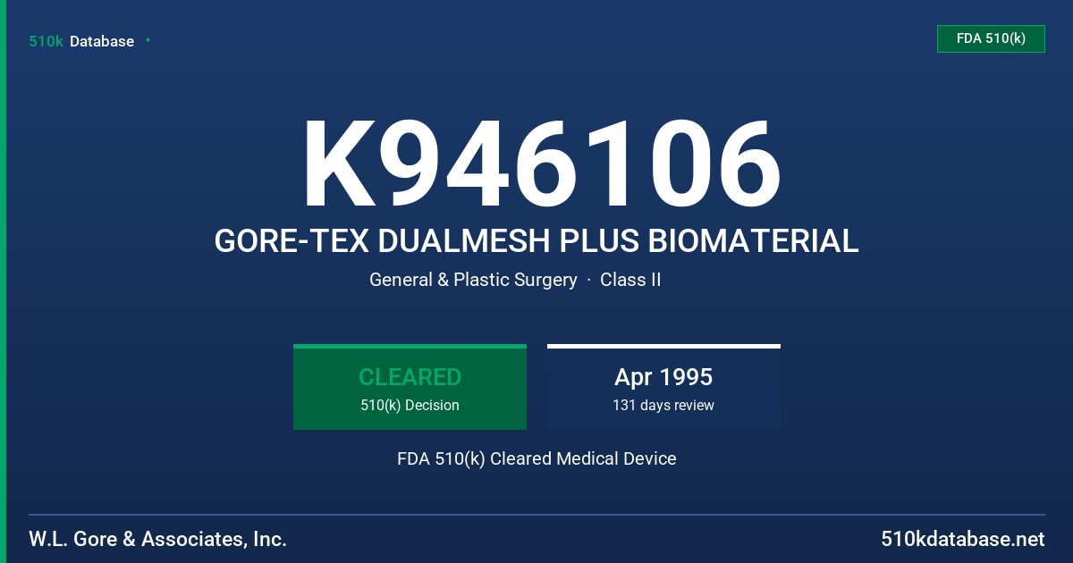 K946106 GORE-TEX DUALMESH PLUS BIOMATERIAL FDA 510(k) Cleared Medical Device