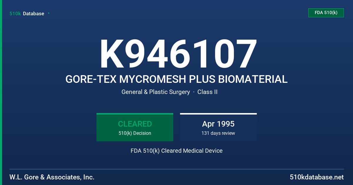 K946107 GORE-TEX MYCROMESH PLUS BIOMATERIAL FDA 510(k) Cleared Medical Device
