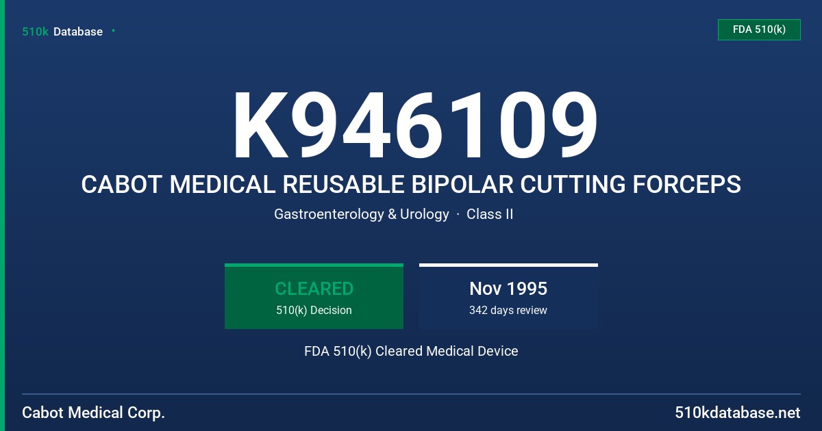 K946109 CABOT MEDICAL REUSABLE BIPOLAR CUTTING FORCEPS FDA 510(k) Cleared Medical Device