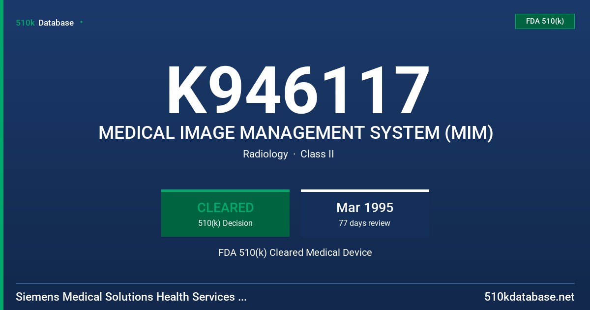K946117 MEDICAL IMAGE MANAGEMENT SYSTEM (MIM) FDA 510(k) Cleared Medical Device