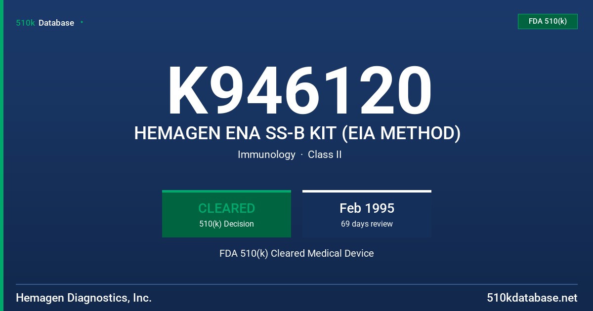 K946120 HEMAGEN ENA SS-B KIT (EIA METHOD) FDA 510(k) Cleared Medical Device