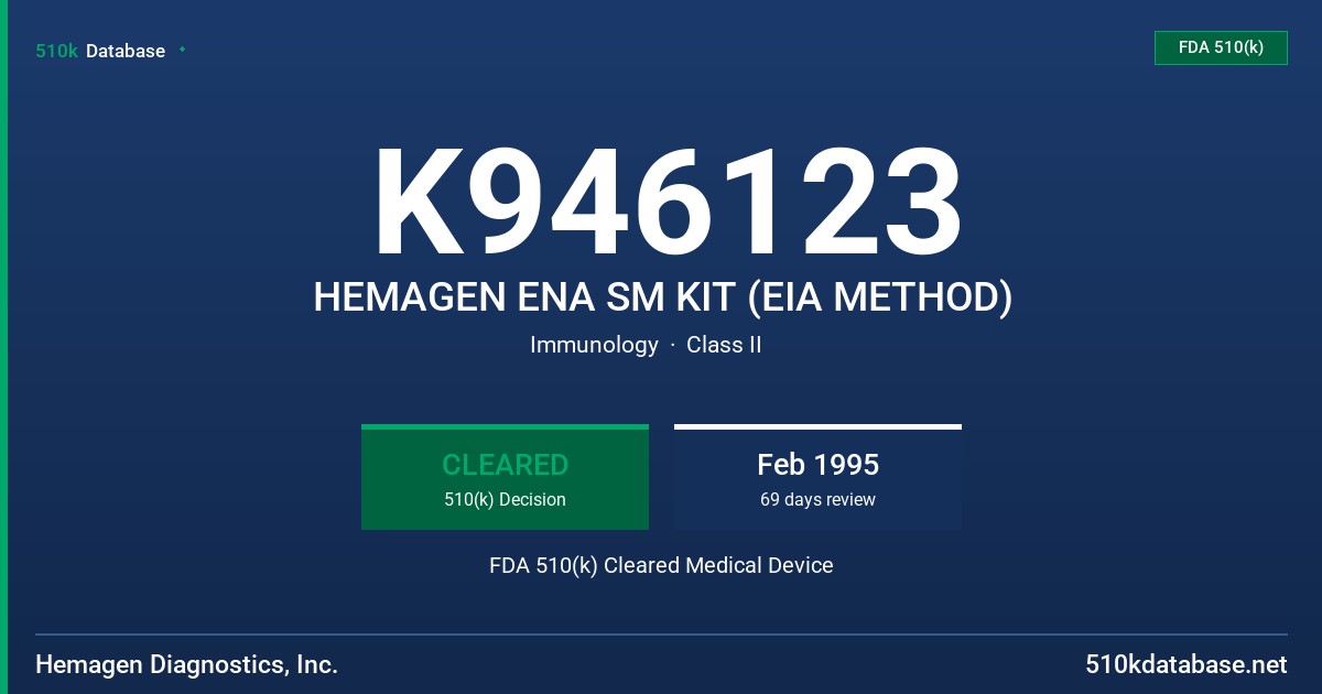 K946123 HEMAGEN ENA SM KIT (EIA METHOD) FDA 510(k) Cleared Medical Device
