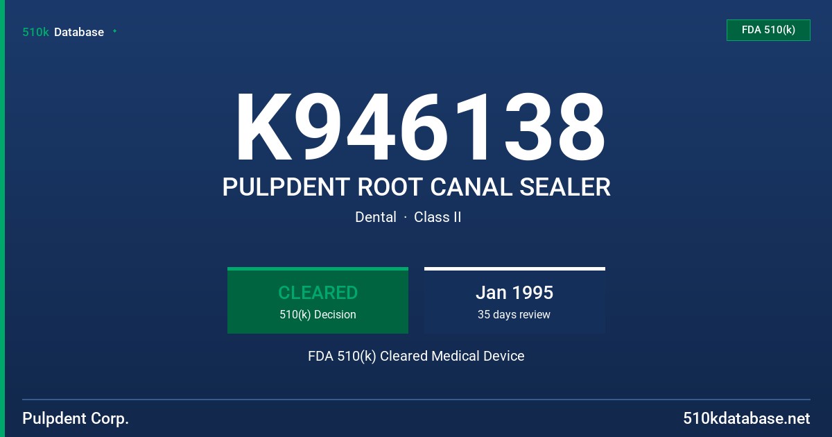 K946138 PULPDENT ROOT CANAL SEALER FDA 510(k) Cleared Medical Device