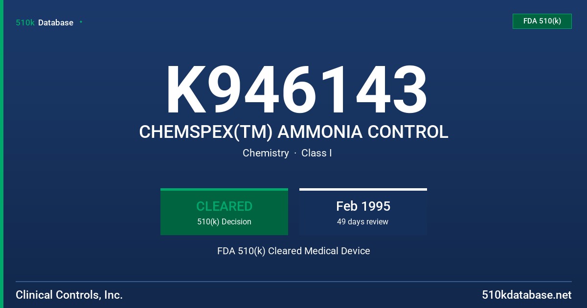 K946143 CHEMSPEX(TM) AMMONIA CONTROL FDA 510(k) Cleared Medical Device