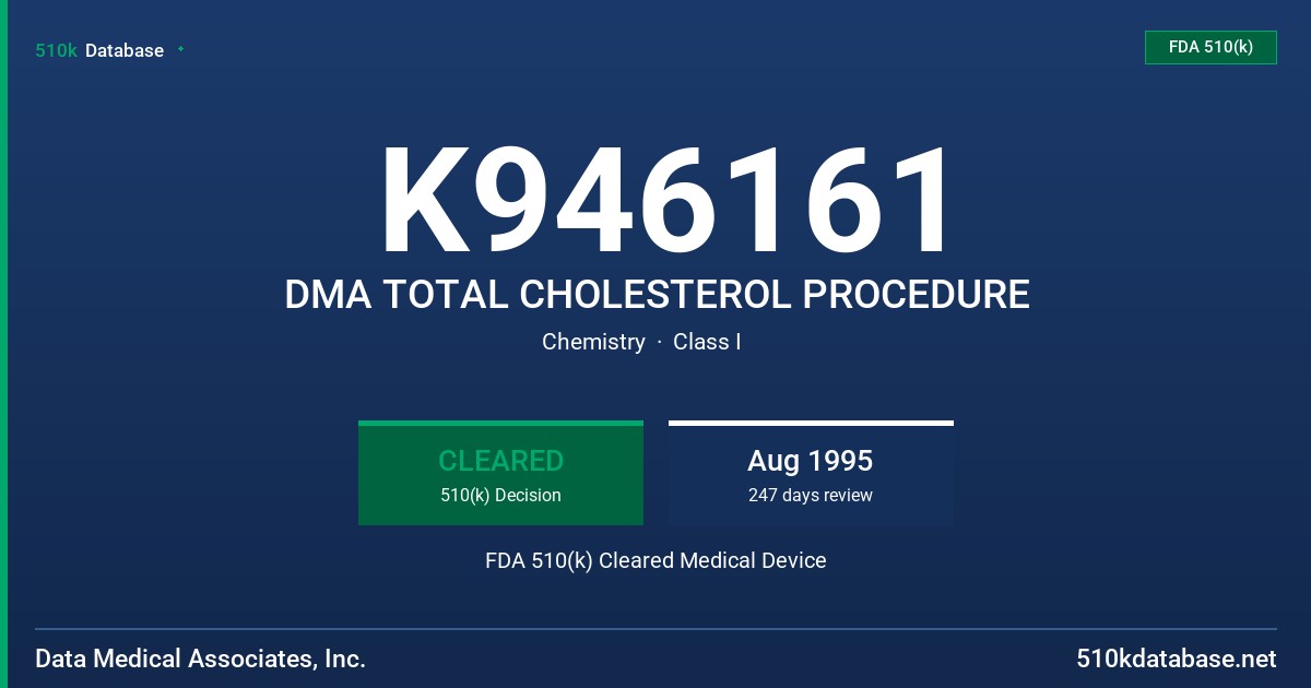 K946161 DMA TOTAL CHOLESTEROL PROCEDURE FDA 510(k) Cleared Medical Device