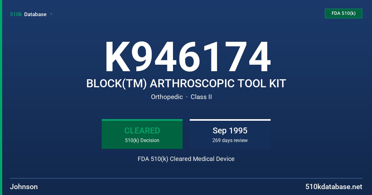 K946174 BLOCK(TM) ARTHROSCOPIC TOOL KIT FDA 510(k) Cleared Medical Device