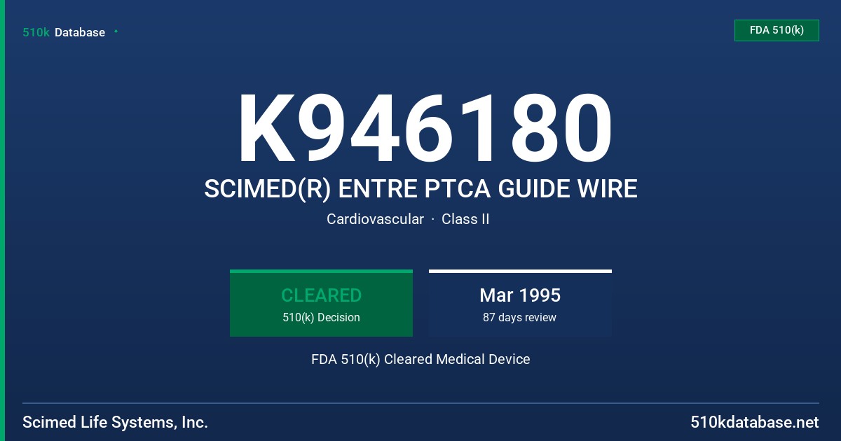 K946180 SCIMED(R) ENTRE PTCA GUIDE WIRE FDA 510(k) Cleared Medical Device