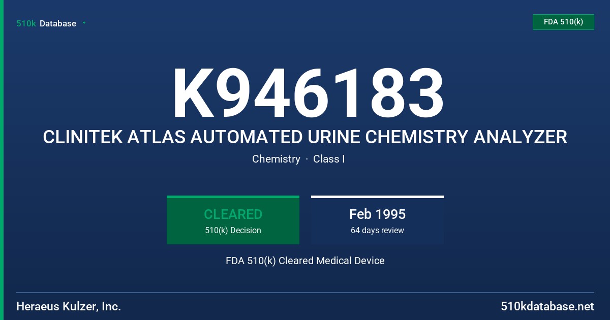 K946183 CLINITEK ATLAS AUTOMATED URINE CHEMISTRY ANALYZER FDA 510(k) Cleared Medical Device