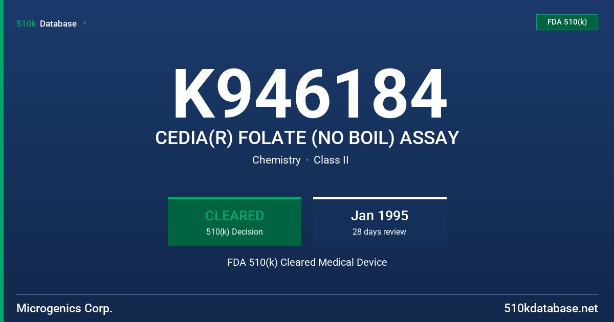 K946184 CEDIA(R) FOLATE (NO BOIL) ASSAY FDA 510(k) Cleared Medical Device