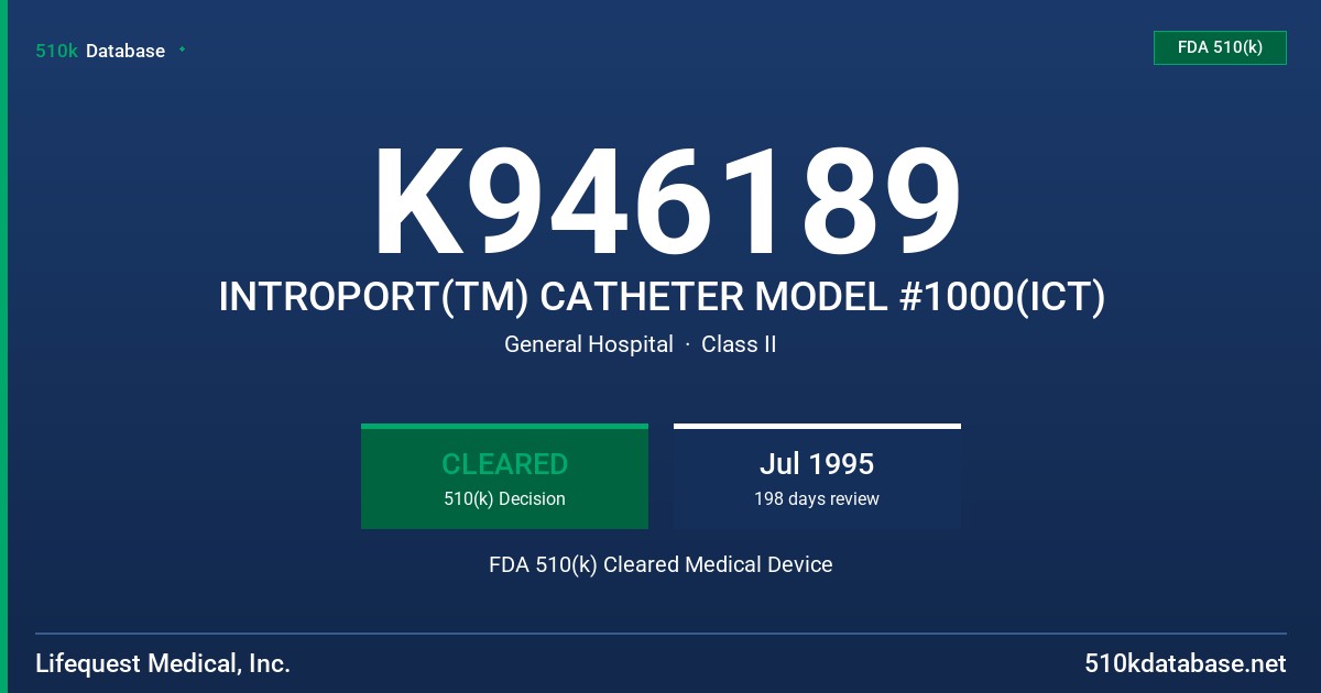 K946189 INTROPORT(TM) CATHETER MODEL #1000(ICT) FDA 510(k) Cleared Medical Device