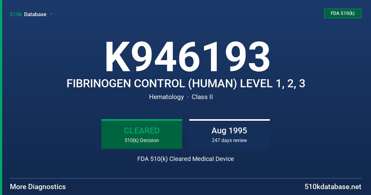 K946193 FIBRINOGEN CONTROL (HUMAN) LEVEL 1, 2, 3 FDA 510(k) Cleared Medical Device