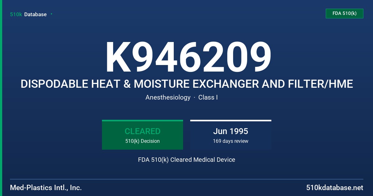 K946209 DISPODABLE HEAT & MOISTURE EXCHANGER AND FILTER/HME FDA 510(k) Cleared Medical Device