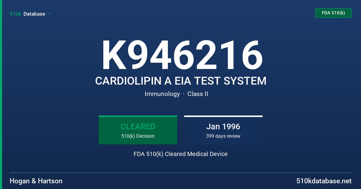 K946216 CARDIOLIPIN A EIA TEST SYSTEM FDA 510(k) Cleared Medical Device
