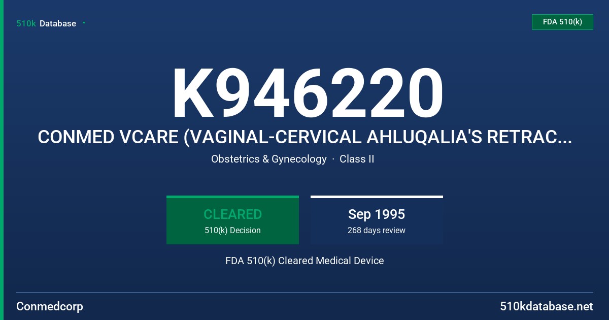 K946220 CONMED VCARE (VAGINAL-CERVICAL AHLUQALIA'S RETRACTOR-ELEVATOR) RETRACTOR/ELEVATOR FDA 510(k) Cleared Medical Device