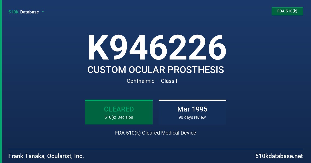 K946226 CUSTOM OCULAR PROSTHESIS FDA 510(k) Cleared Medical Device