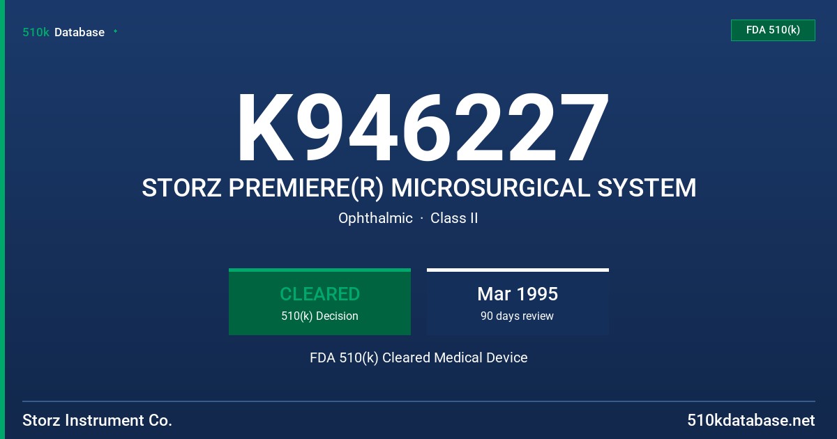 K946227 STORZ PREMIERE(R) MICROSURGICAL SYSTEM FDA 510(k) Cleared Medical Device