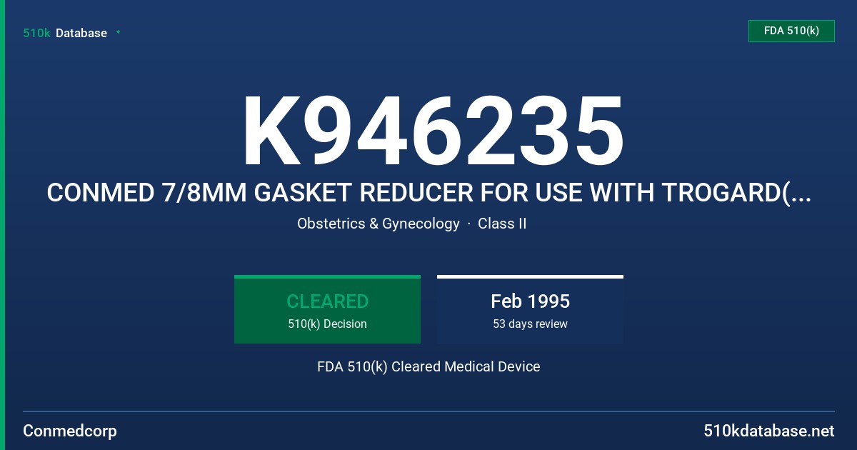 K946235 CONMED 7/8MM GASKET REDUCER FOR USE WITH TROGARD(TM) TROCAR SLEEVE FDA 510(k) Cleared Medical Device