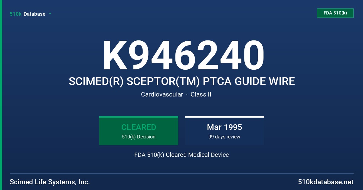 K946240 SCIMED(R) SCEPTOR(TM) PTCA GUIDE WIRE FDA 510(k) Cleared Medical Device