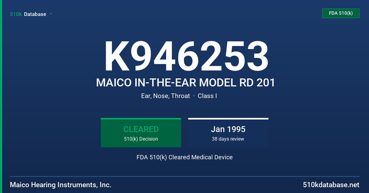 K946253 MAICO IN-THE-EAR MODEL RD 201 FDA 510(k) Cleared Medical Device