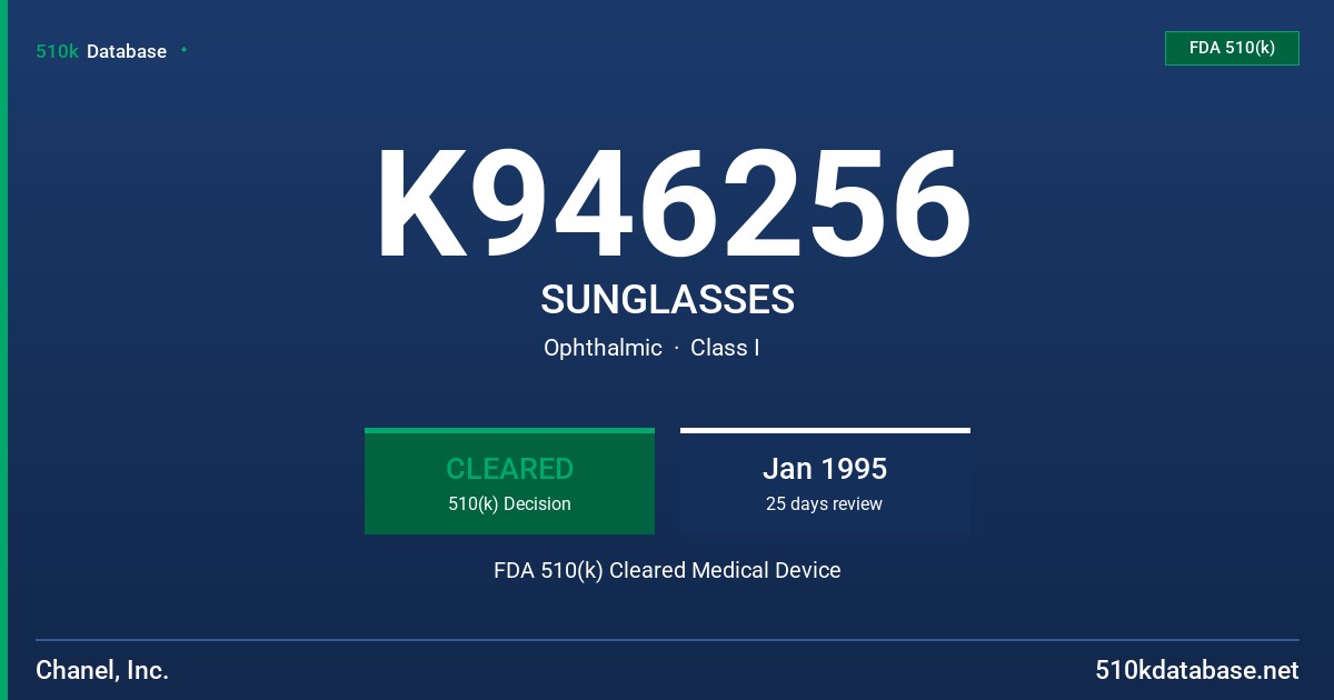 K946256 SUNGLASSES FDA 510(k) Cleared Medical Device