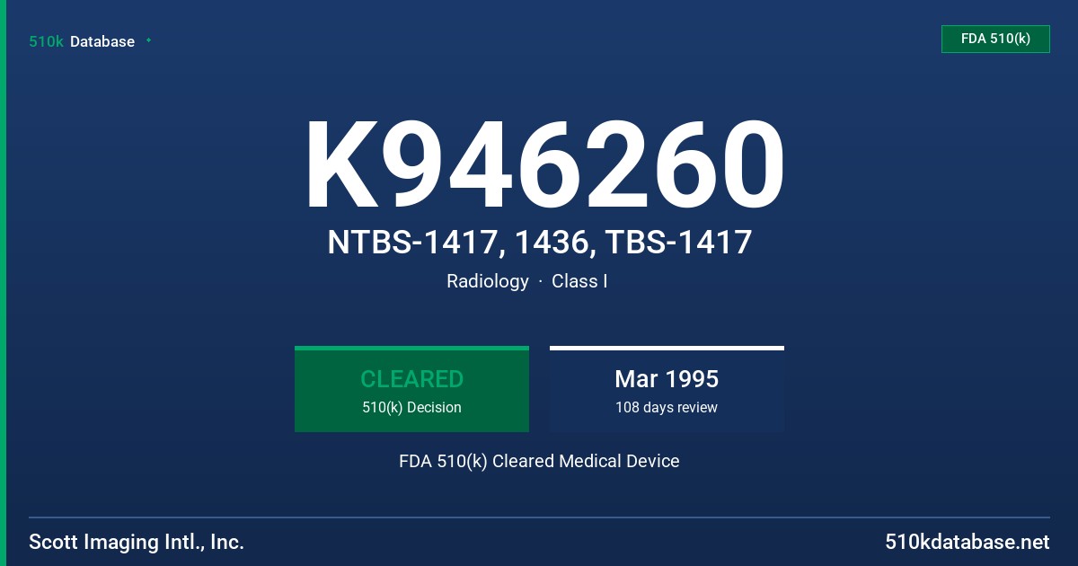 K946260 NTBS-1417, 1436, TBS-1417 FDA 510(k) Cleared Medical Device