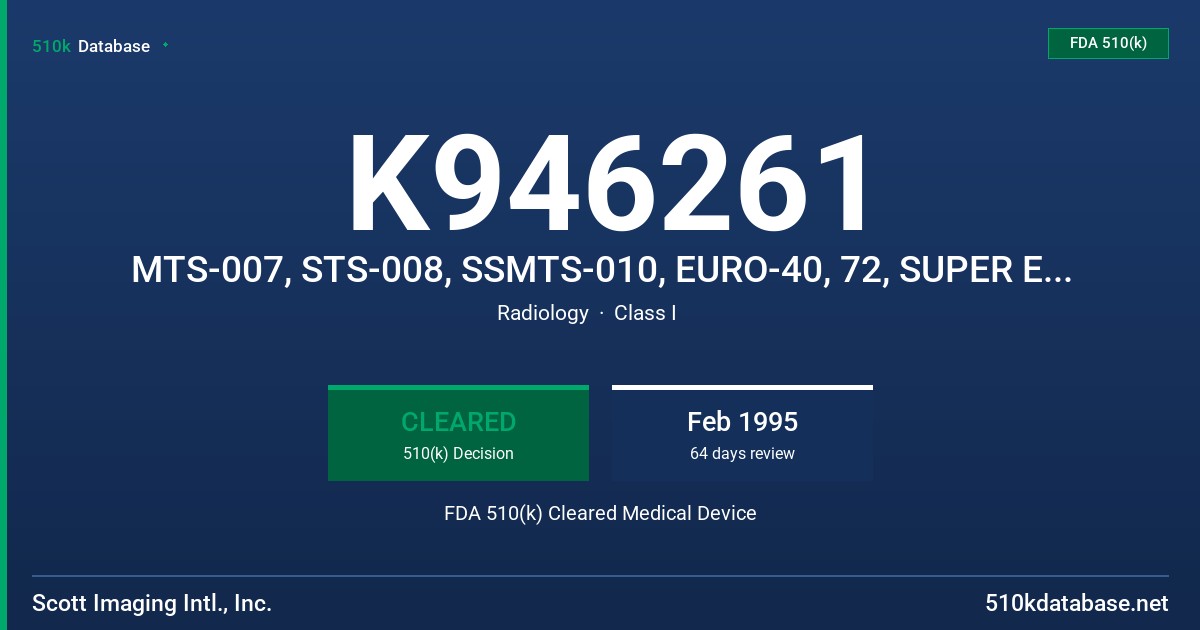 K946261 MTS-007, STS-008, SSMTS-010, EURO-40, 72, SUPER EURO 4072, 5000 FDA 510(k) Cleared Medical Device