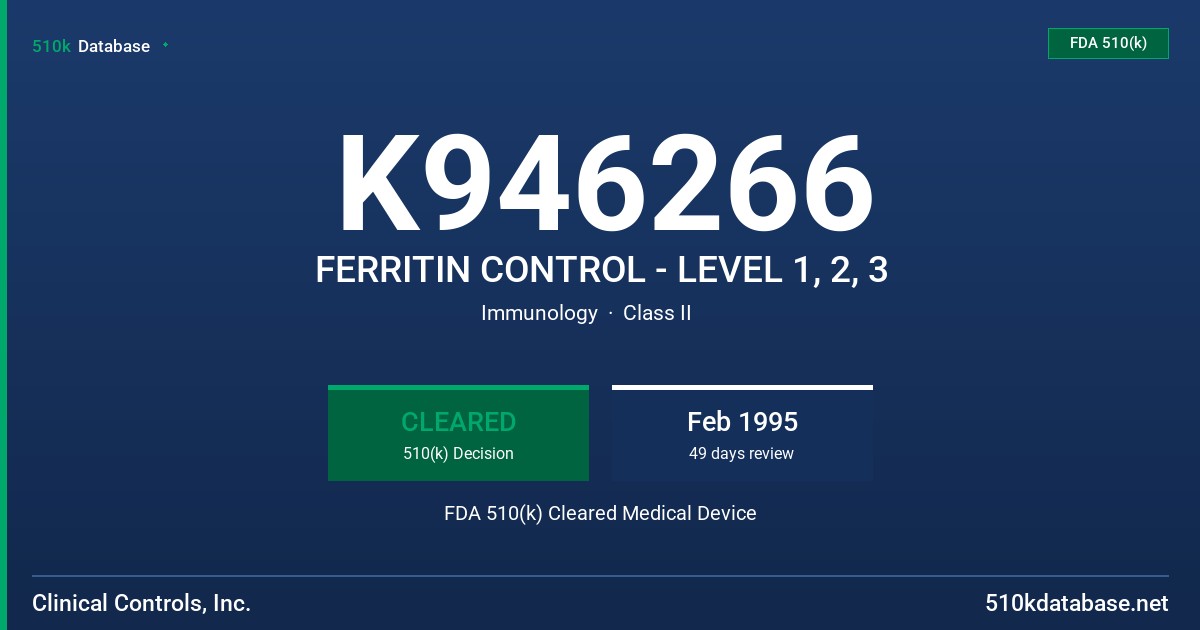 K946266 FERRITIN CONTROL - LEVEL 1, 2, 3 FDA 510(k) Cleared Medical Device