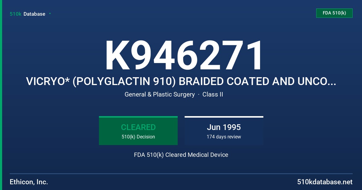 K946271 VICRYO* (POLYGLACTIN 910) BRAIDED COATED AND UNCOATED SYNTHETIC ABSORBABLE SUTURE, DYED & UNDYED, BRAIDED AND MONOFILAMT FDA 510(k) Cleared Medical Device