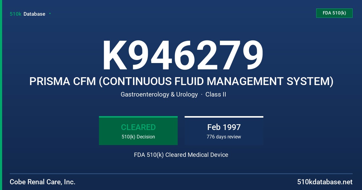 K946279 PRISMA CFM (CONTINUOUS FLUID MANAGEMENT SYSTEM) FDA 510(k) Cleared Medical Device