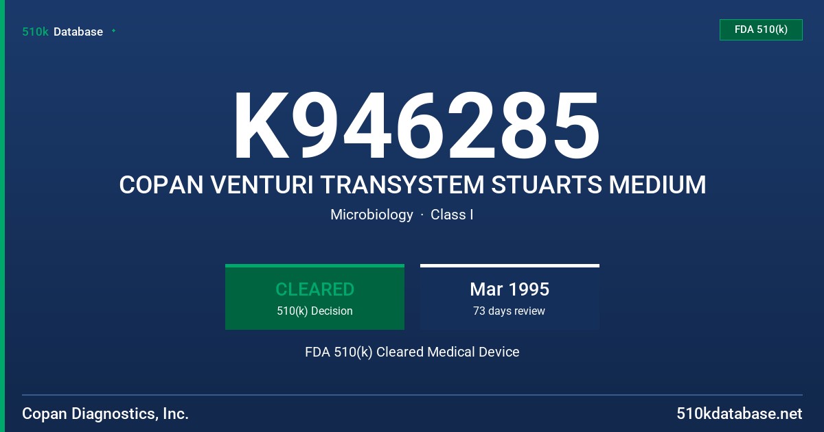 K946285 COPAN VENTURI TRANSYSTEM STUARTS MEDIUM FDA 510(k) Cleared Medical Device