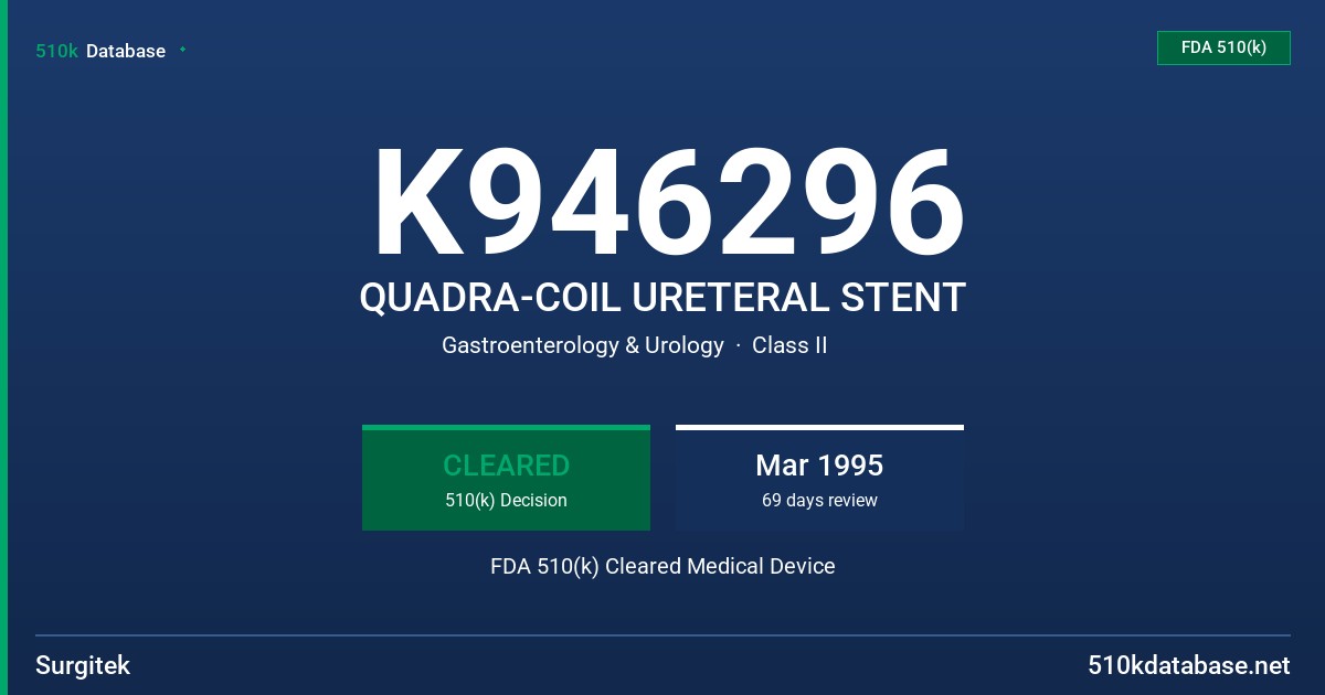 K946296 QUADRA-COIL URETERAL STENT FDA 510(k) Cleared Medical Device
