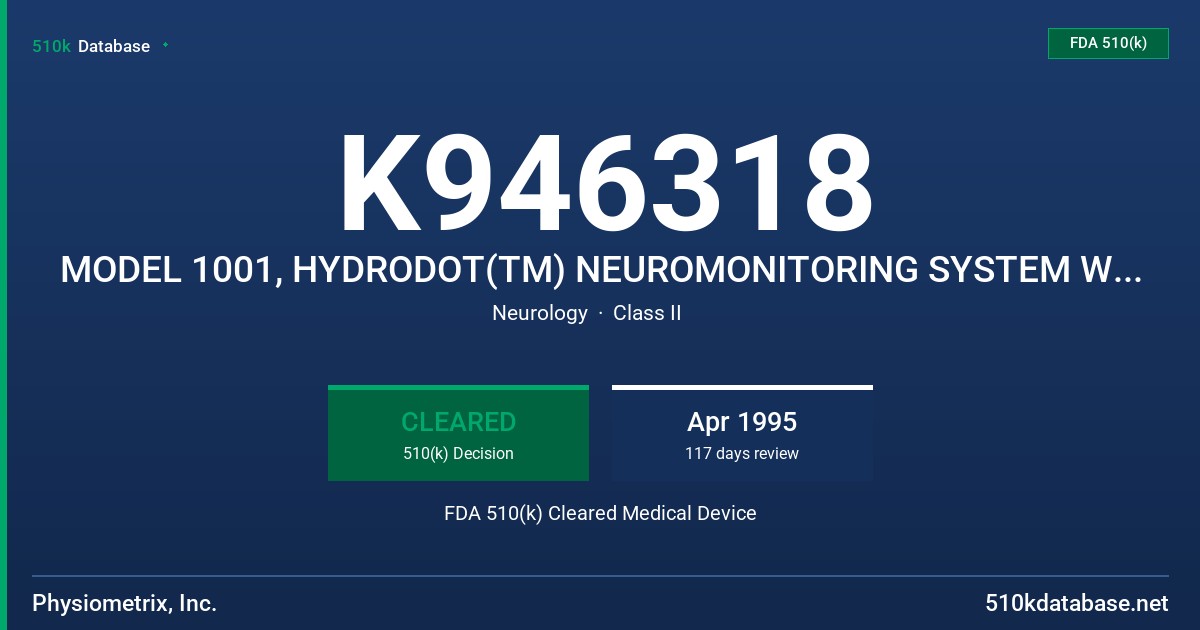 K946318 MODEL 1001, HYDRODOT(TM) NEUROMONITORING SYSTEM WITH E NET(TM) EEG INTERFACE CABLE FDA 510(k) Cleared Medical Device