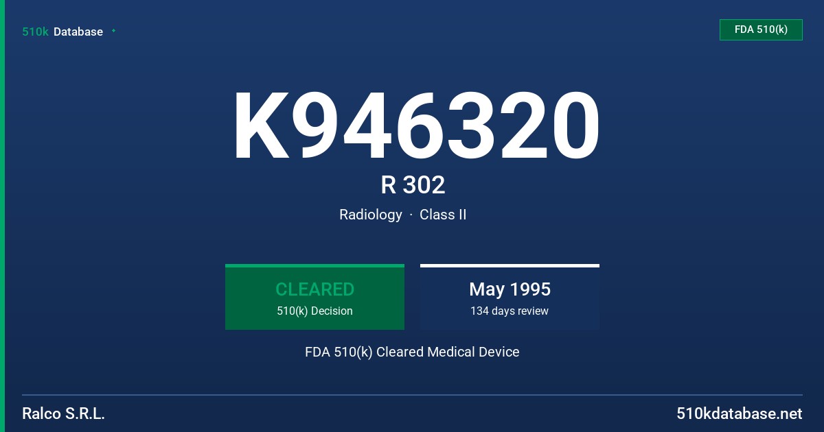 K946320 R 302 FDA 510(k) Cleared Medical Device