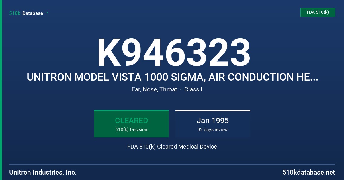 K946323 UNITRON MODEL VISTA 1000 SIGMA, AIR CONDUCTION HEARING AID FDA 510(k) Cleared Medical Device