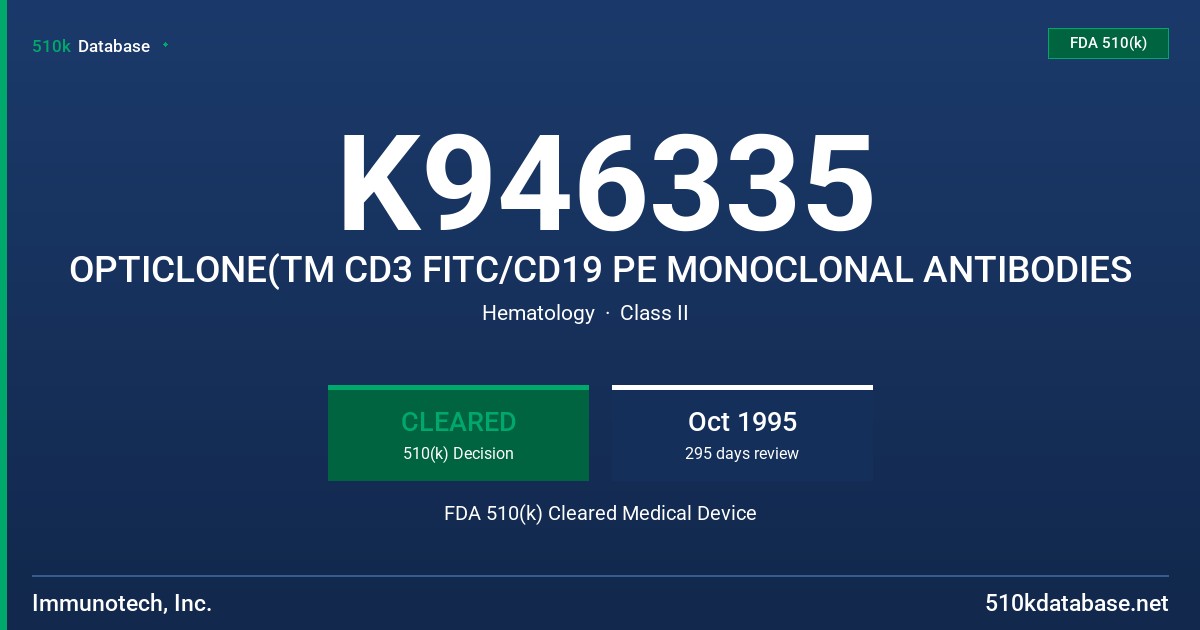 K946335 OPTICLONE(TM CD3 FITC/CD19 PE MONOCLONAL ANTIBODIES FDA 510(k) Cleared Medical Device