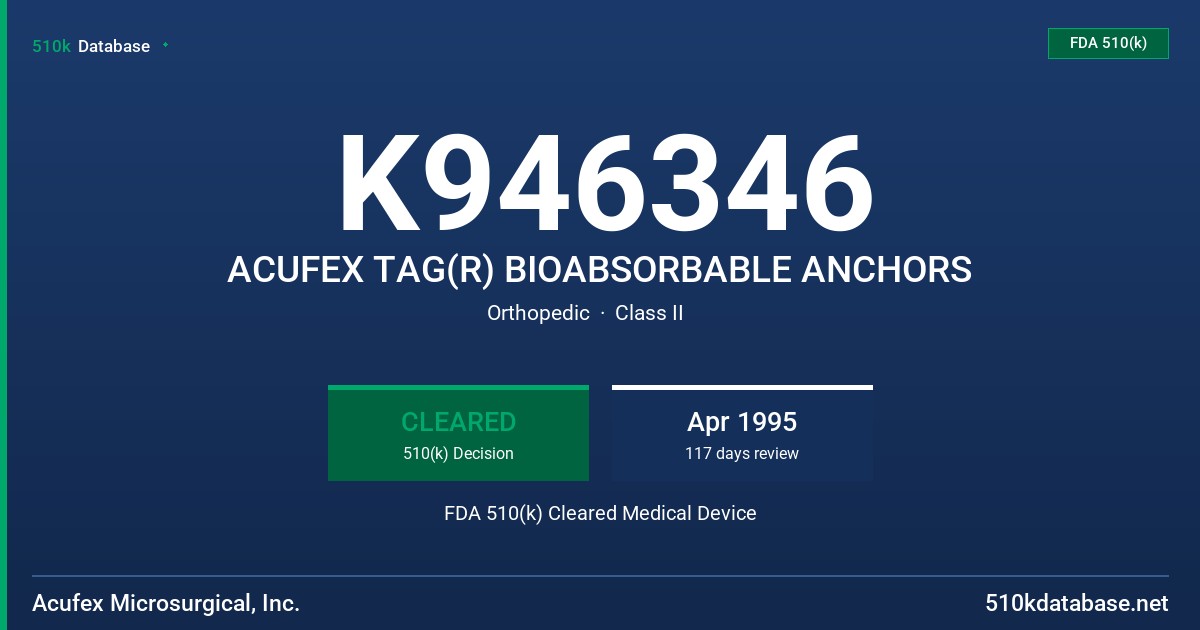 K946346 ACUFEX TAG(R) BIOABSORBABLE ANCHORS FDA 510(k) Cleared Medical Device