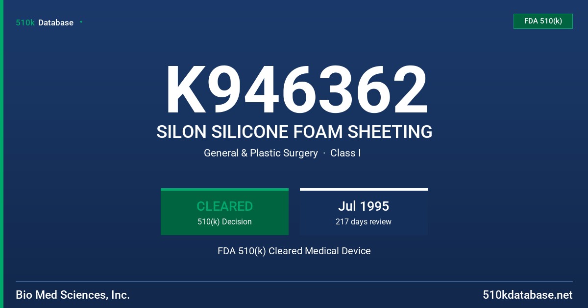 K946362 SILON SILICONE FOAM SHEETING FDA 510(k) Cleared Medical Device