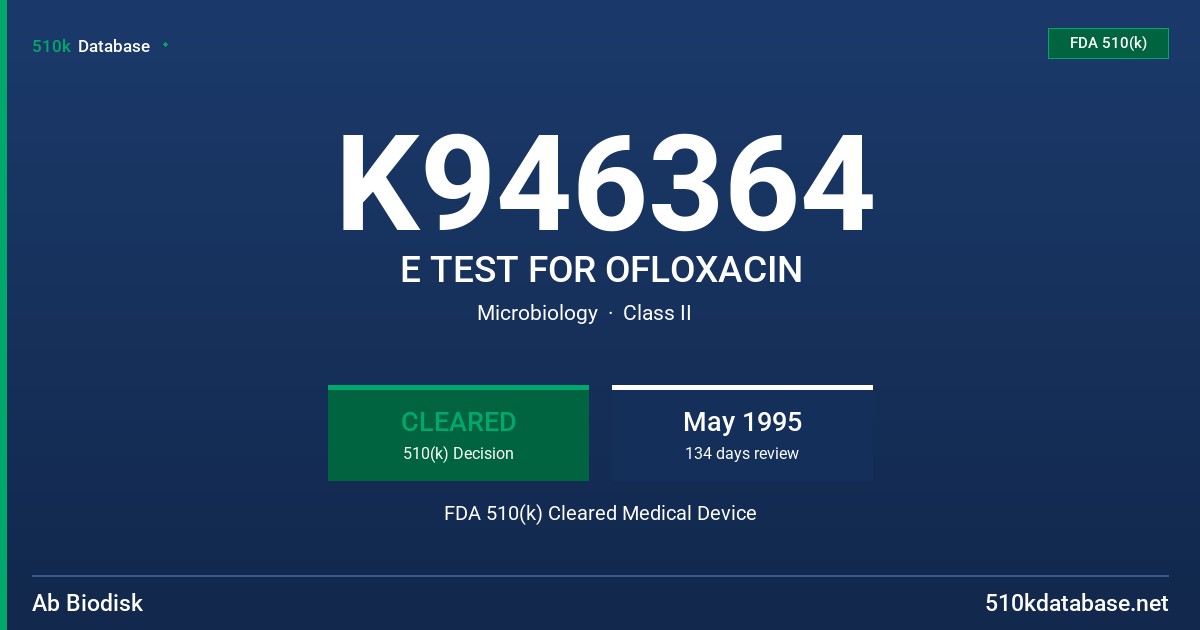 K946364 E TEST FOR OFLOXACIN FDA 510(k) Cleared Medical Device