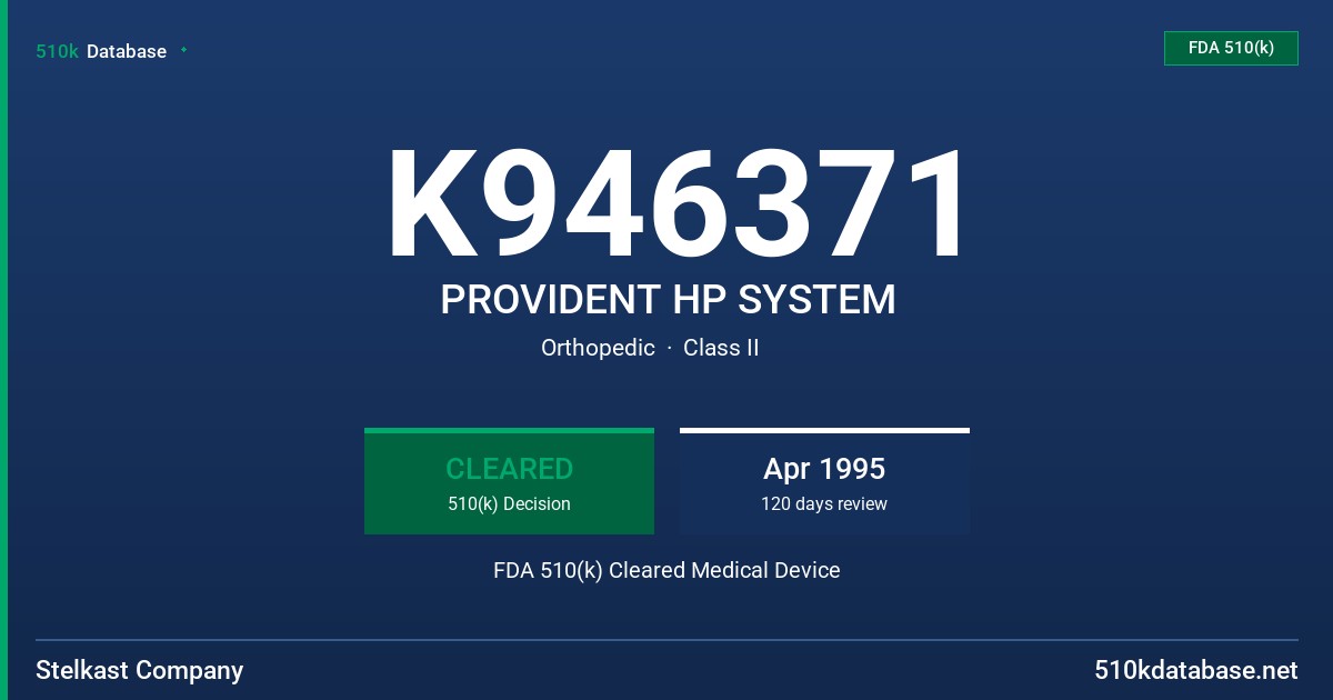 K946371 PROVIDENT HP SYSTEM FDA 510(k) Cleared Medical Device