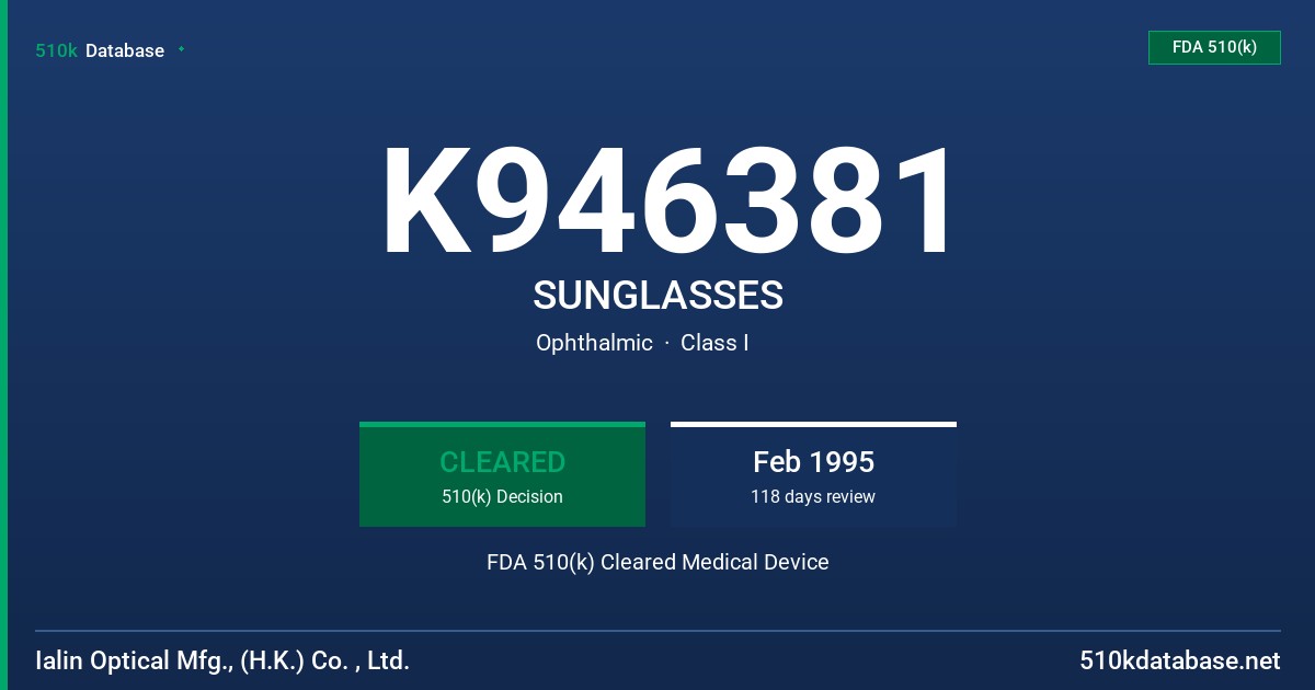 K946381 SUNGLASSES FDA 510(k) Cleared Medical Device