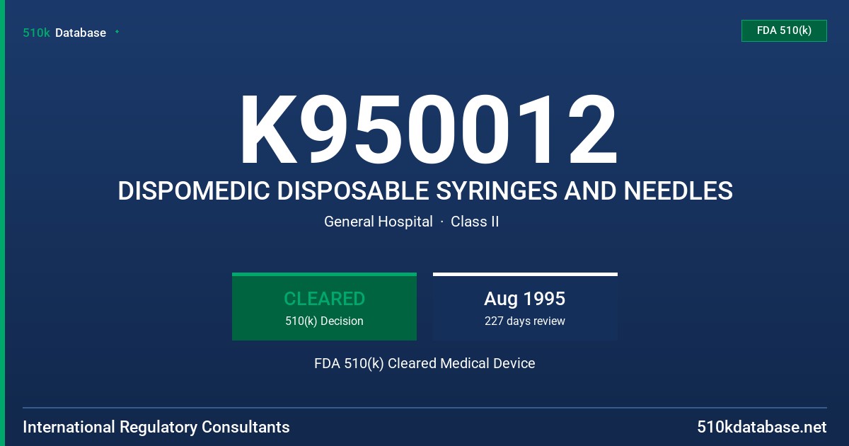 K950012 DISPOMEDIC DISPOSABLE SYRINGES AND NEEDLES FDA 510(k) Cleared Medical Device