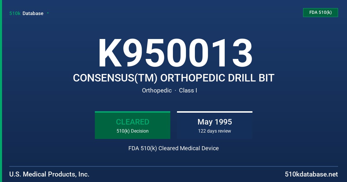 K950013 CONSENSUS(TM) ORTHOPEDIC DRILL BIT FDA 510(k) Cleared Medical Device